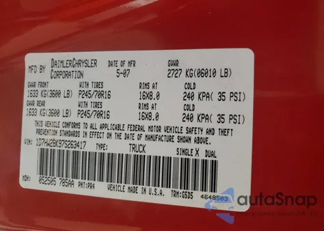 2007 Dodge Dakota Quad z USA, uszkodzony, nr VIN 1D7HW28K97S263417